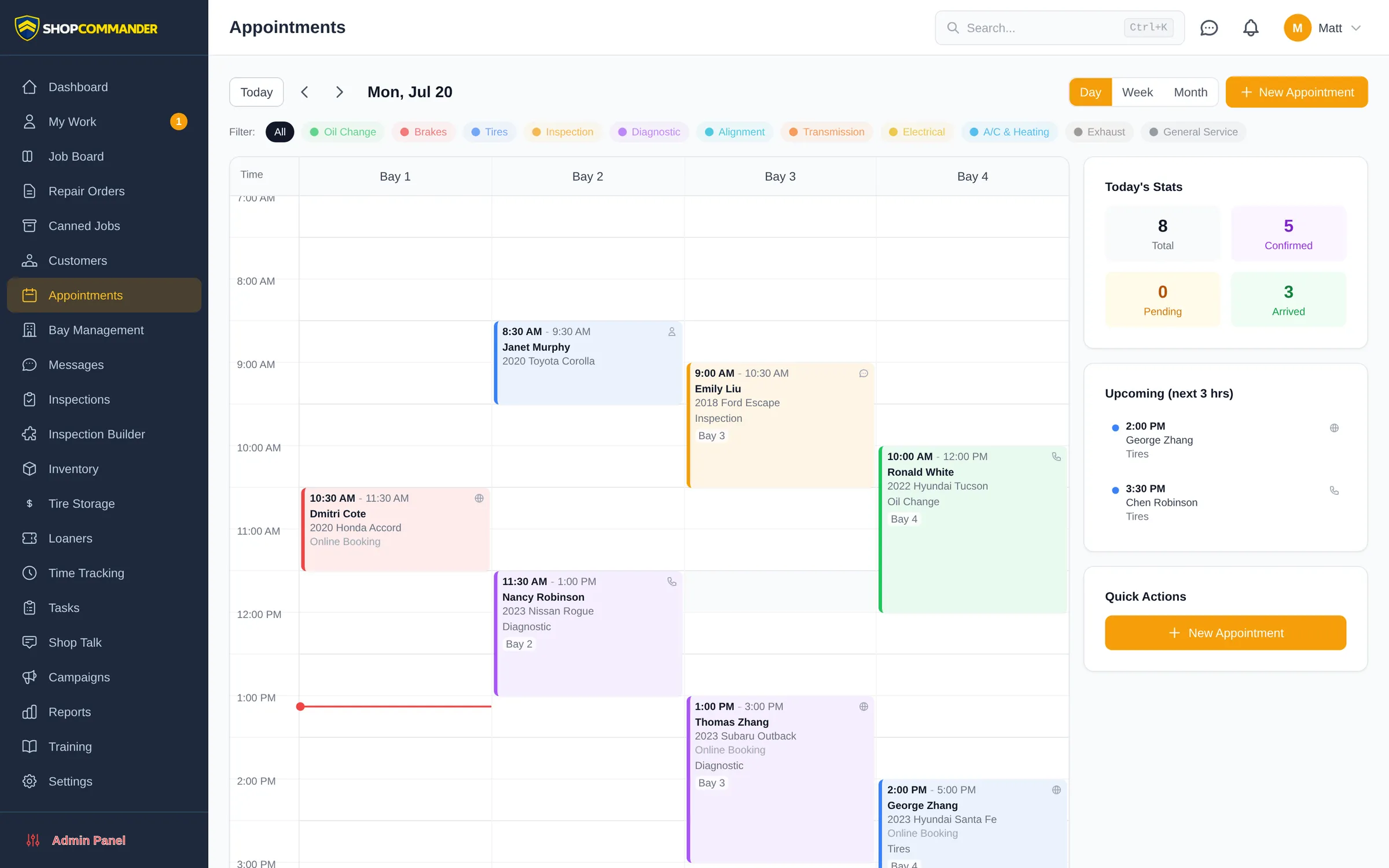 Shop Commander appointment calendar showing the week's scheduled appointments by day and time