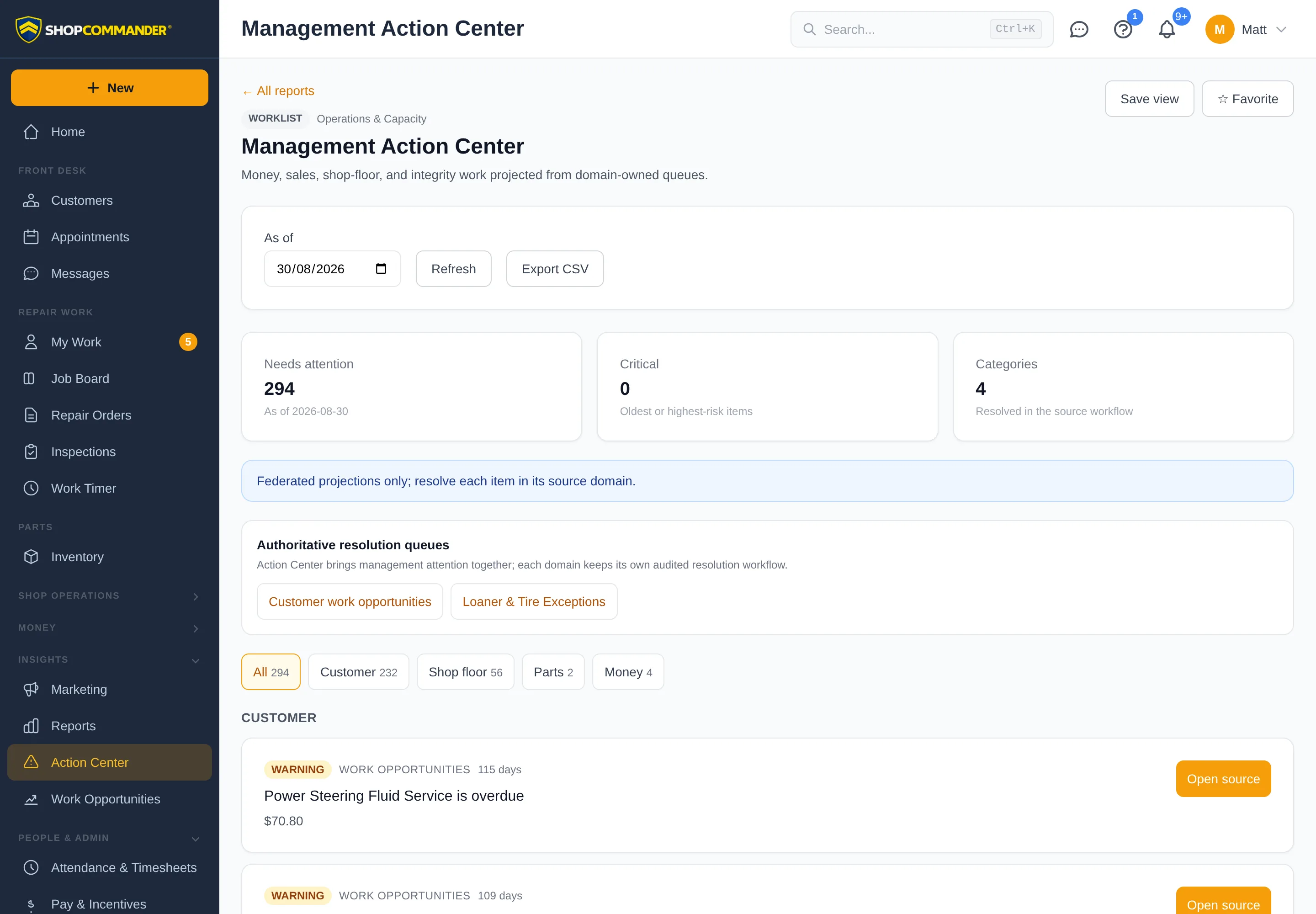 Shop Commander Action Center showing prioritized customer, shop floor, parts, and money exceptions
