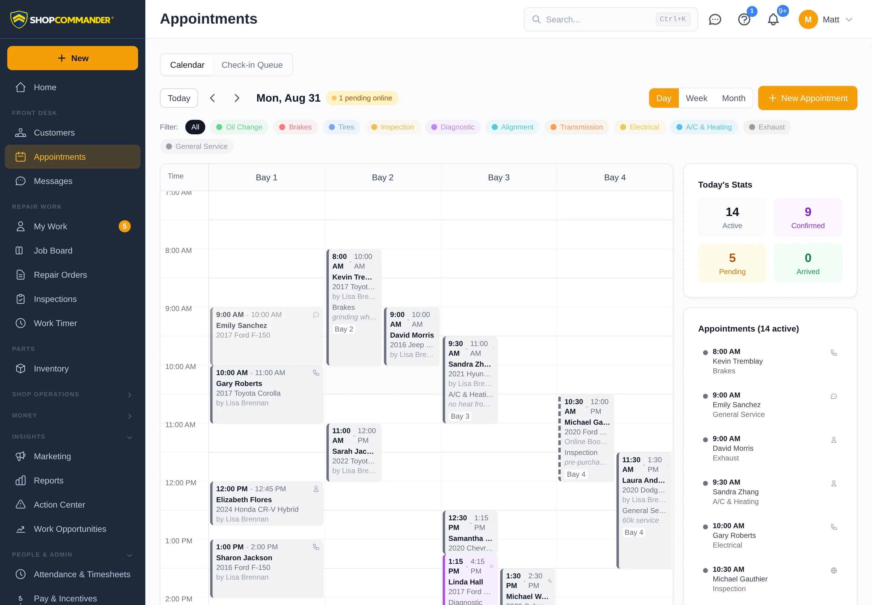 Shop Commander appointments calendar with bay columns, day stats, and an online booking