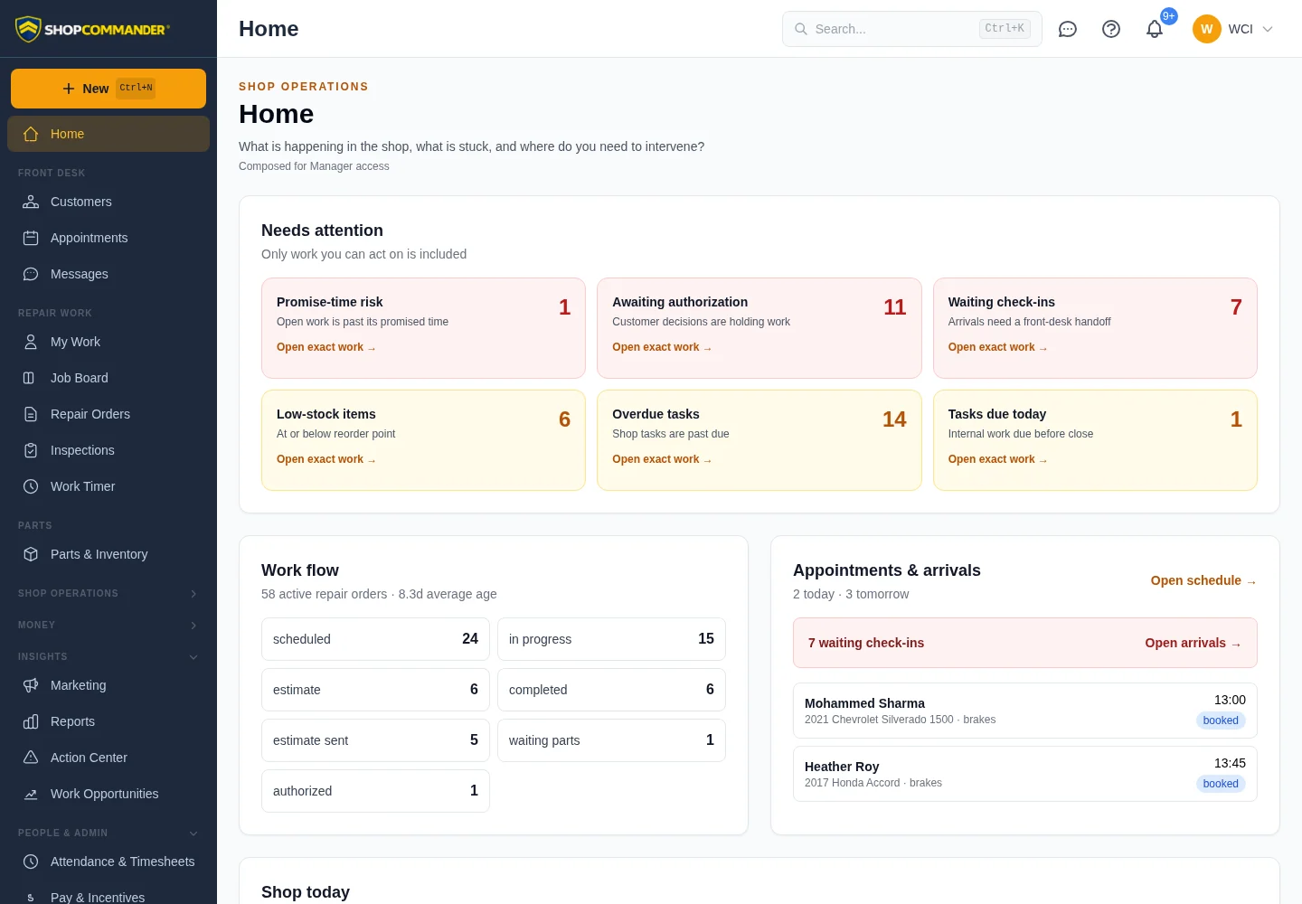 Shop Commander Home for a manager showing work needing attention, live workflow counts, and today's appointments