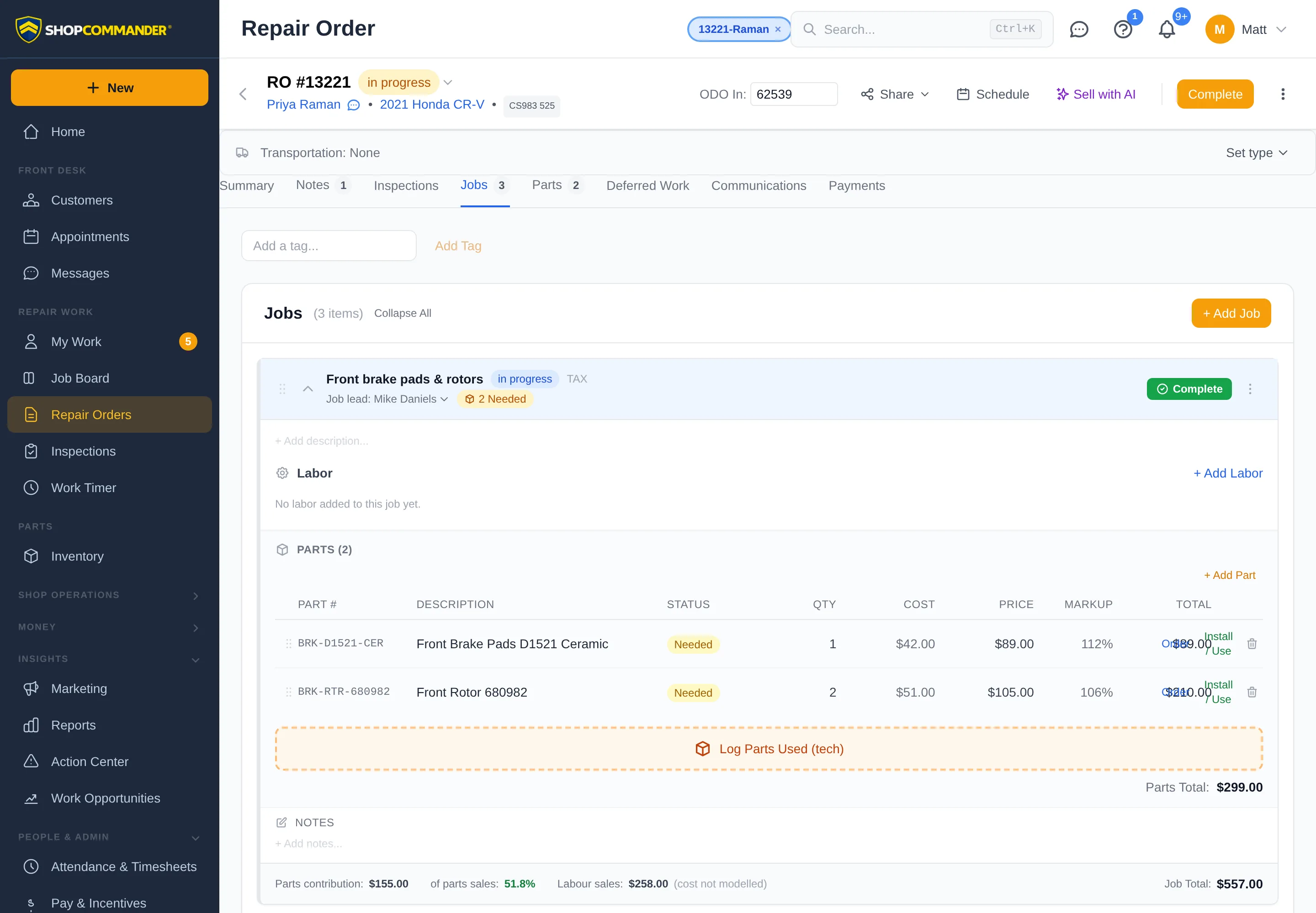 Shop Commander repair order with a posted immutable invoice, credit note and void controls, jobs, and payments