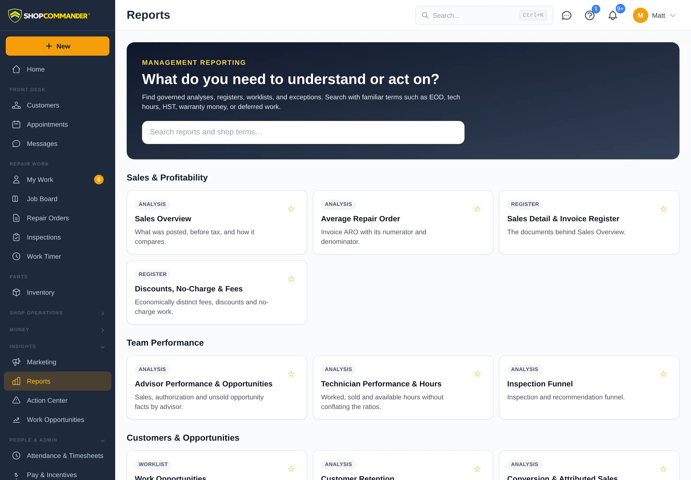 Shop Commander reports home with governed analyses, registers, and worklists for sales, team performance, and customers