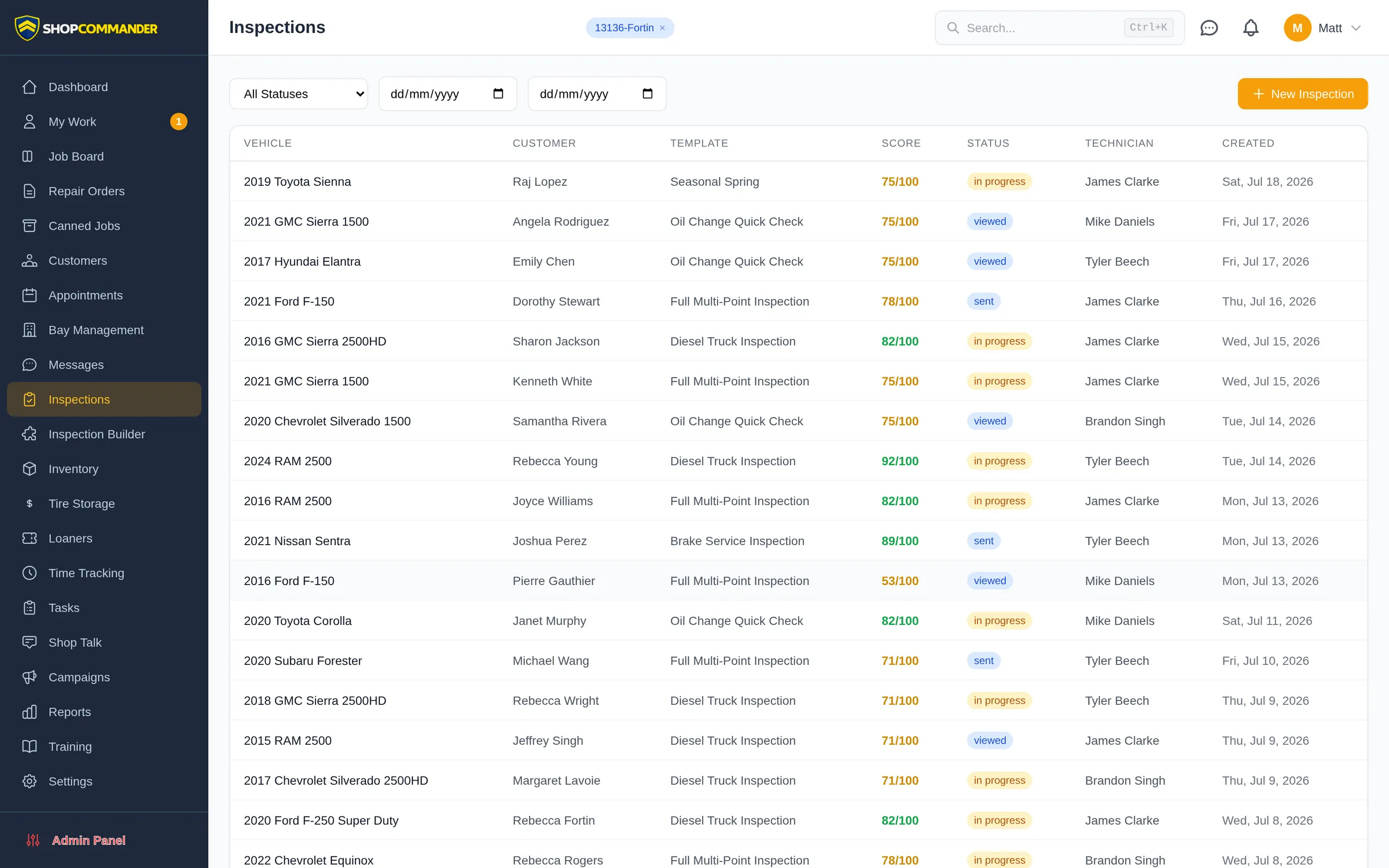 Digital vehicle inspections in Shop Commander with green, yellow, and red findings and completion status