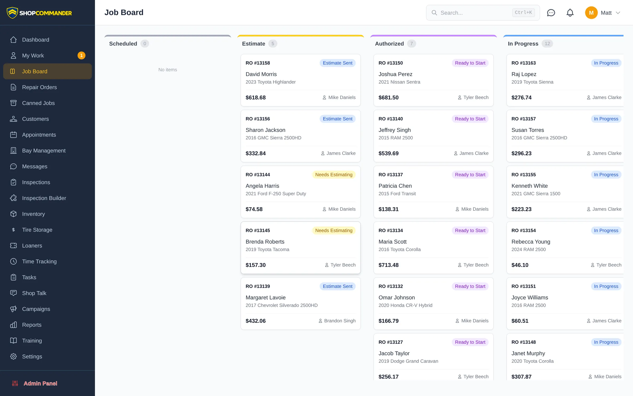 Shop Commander job board showing repair orders across estimate, authorized, and in-progress columns