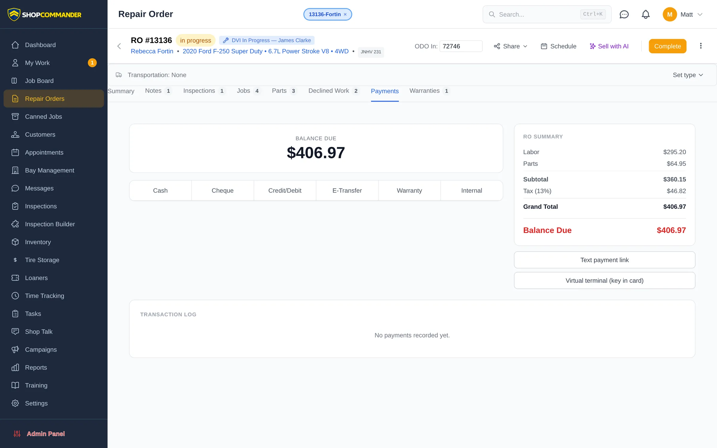 Shop Commander payments screen with recorded payments, payment methods, and invoice balances