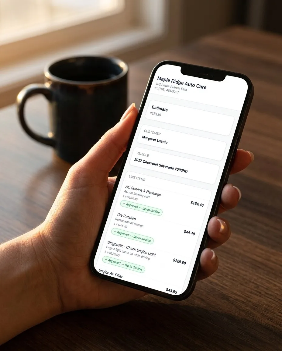 Customer approving estimate line items on their phone