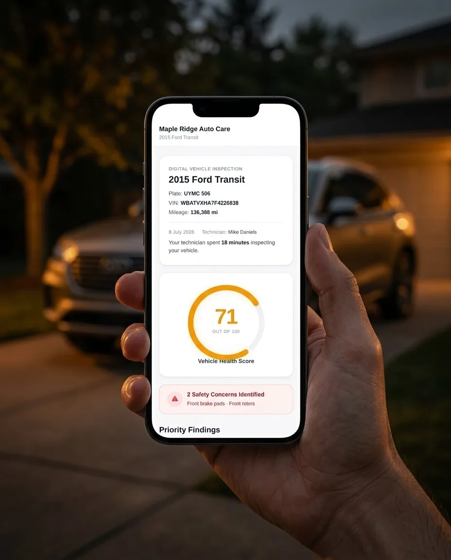 Customer viewing their digital vehicle inspection report with health score on a phone