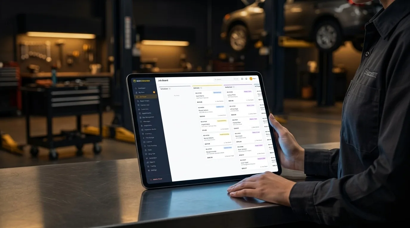 Service advisor working the Shop Commander job board on a tablet at the front counter