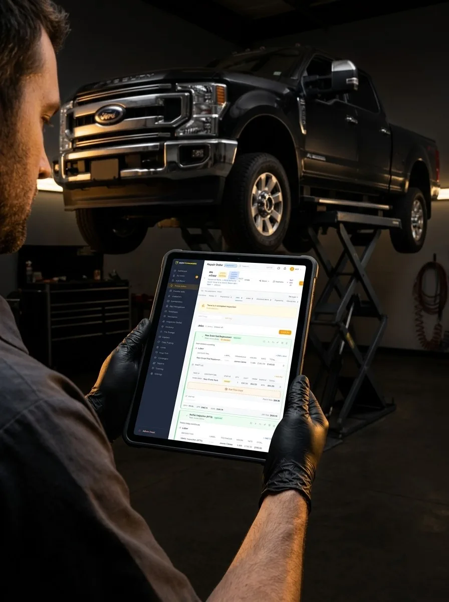 Technician reviewing a Shop Commander repair order on a tablet beside a truck on a hoist