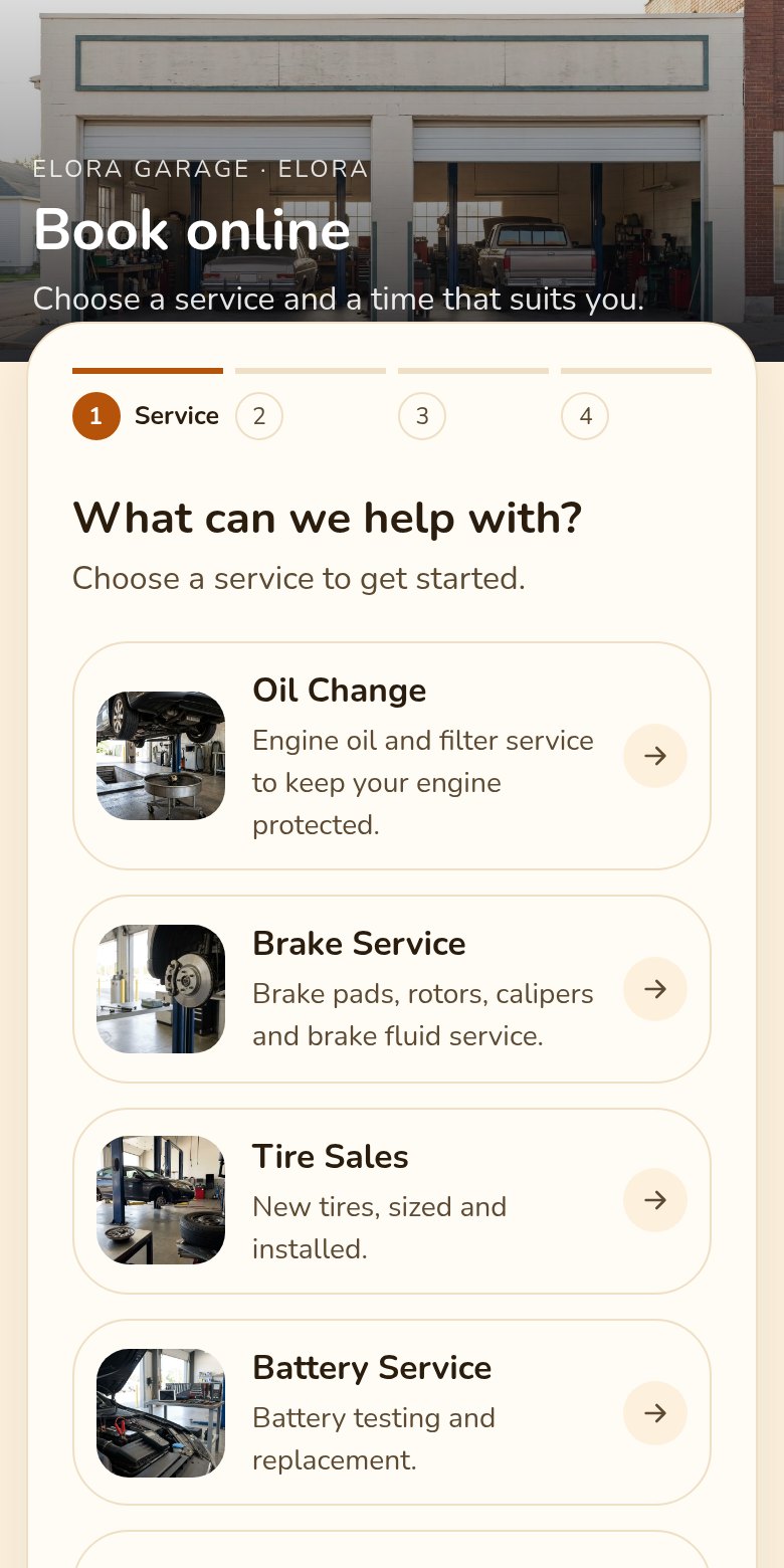 The booking page on a phone: choose a service