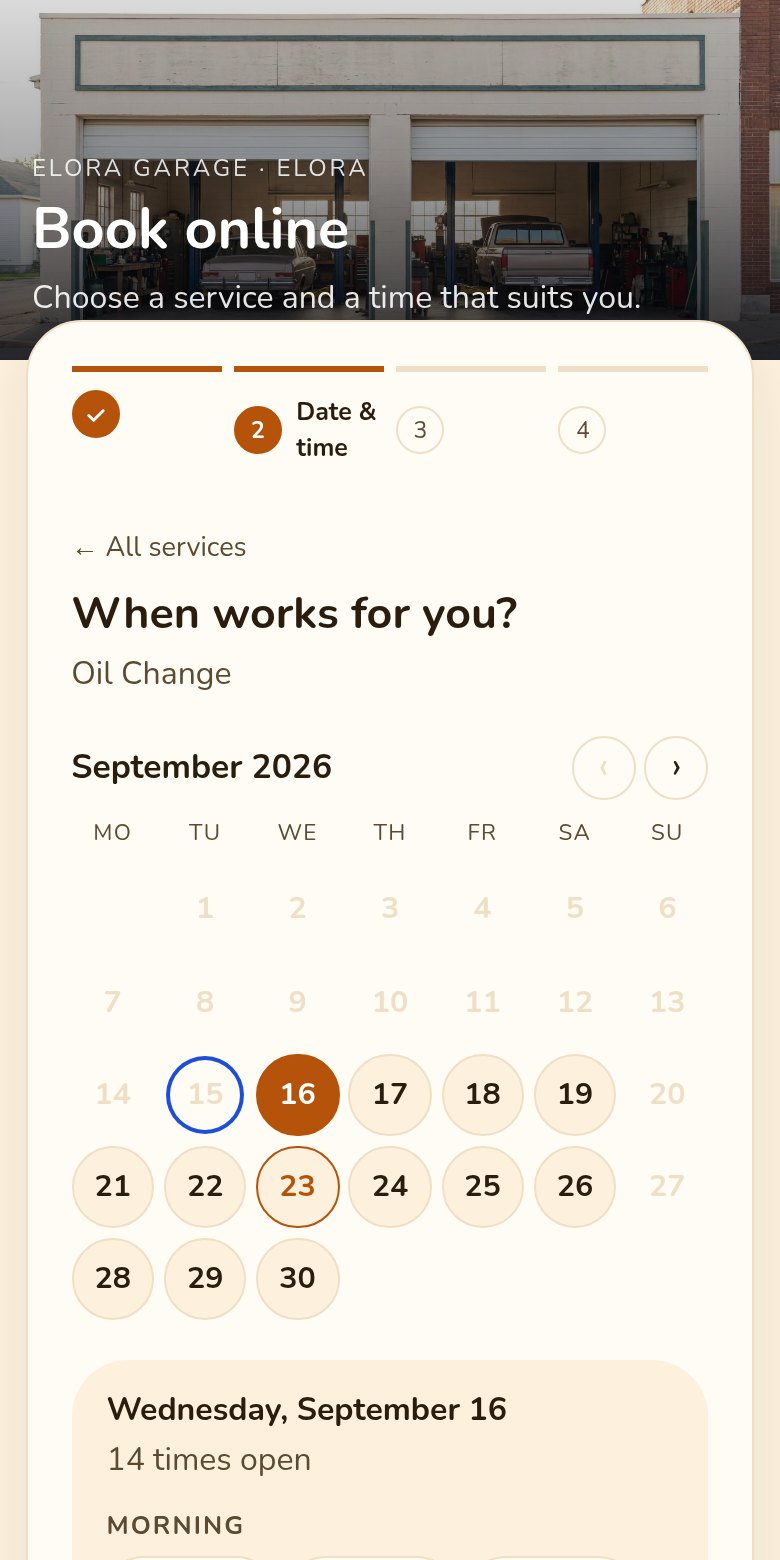 The booking page on a phone: pick a day and a time