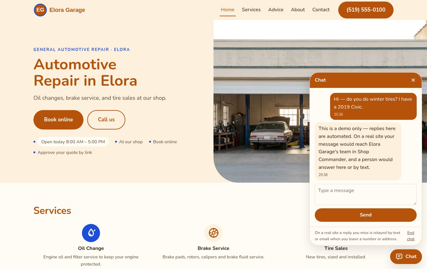 A generated shop website with the live chat open and the shop's reply in the thread