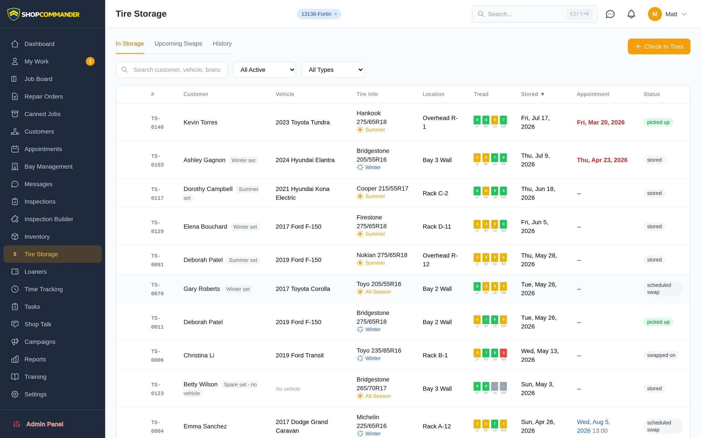 Tire storage list with numbered tire sets, customer, tire details, storage location, and status